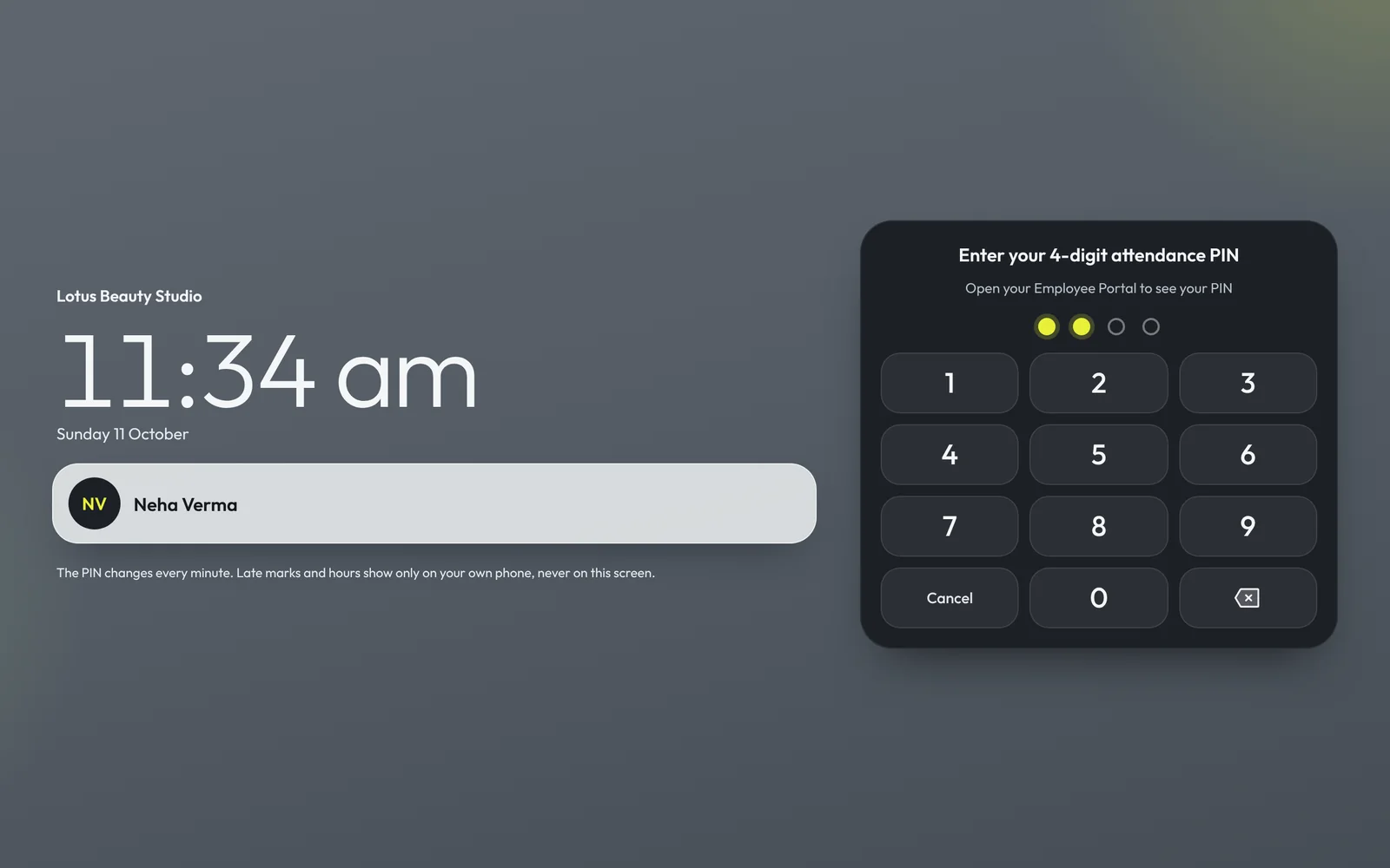 The punch screen on a front-desk tablet: the time, the employee's name, and a number pad for their 4-digit PIN.