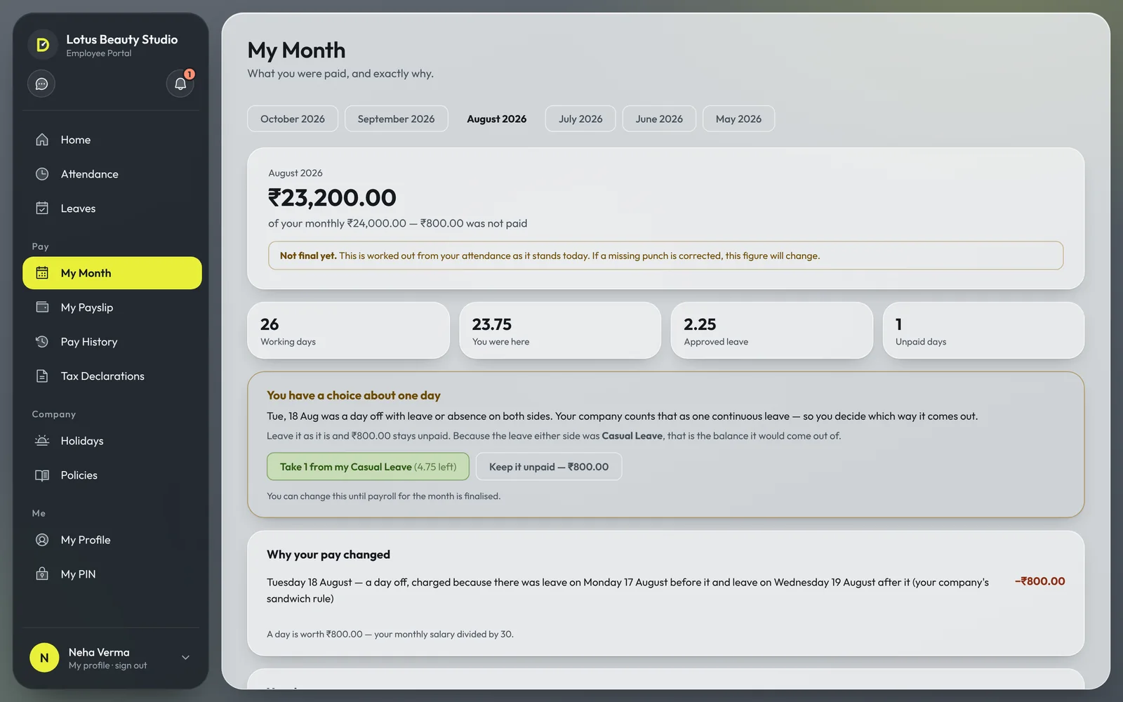 My Month: ₹23,200 of a ₹24,000 salary, the one unpaid day explained as a sandwich day, and a choice to cover it from Casual Leave instead.