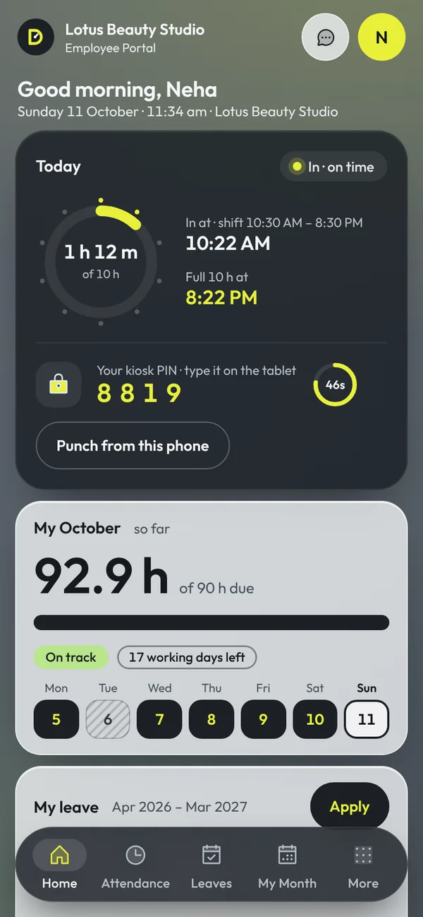 An employee's home on her phone: hours worked today, her kiosk PIN, her month so far and the week's days.